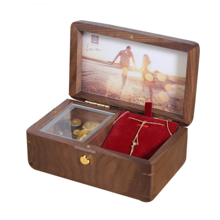 

Wooden Jewelry Storage Music Box with Photo Frame Function, Spec: Walnut+Necklace Flannel