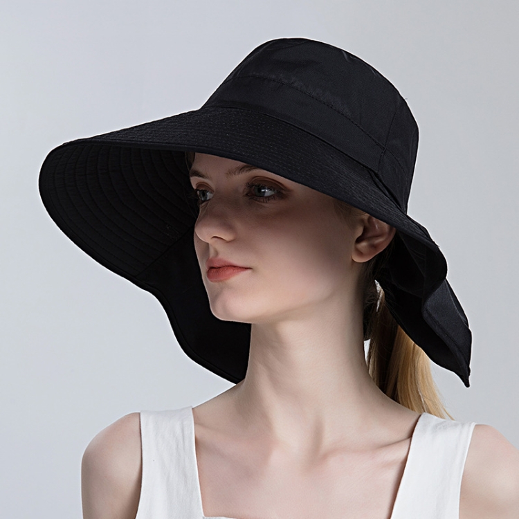 8112 Ladies Sunshade Large Brim Ponytail Bucket Hat (Negro)