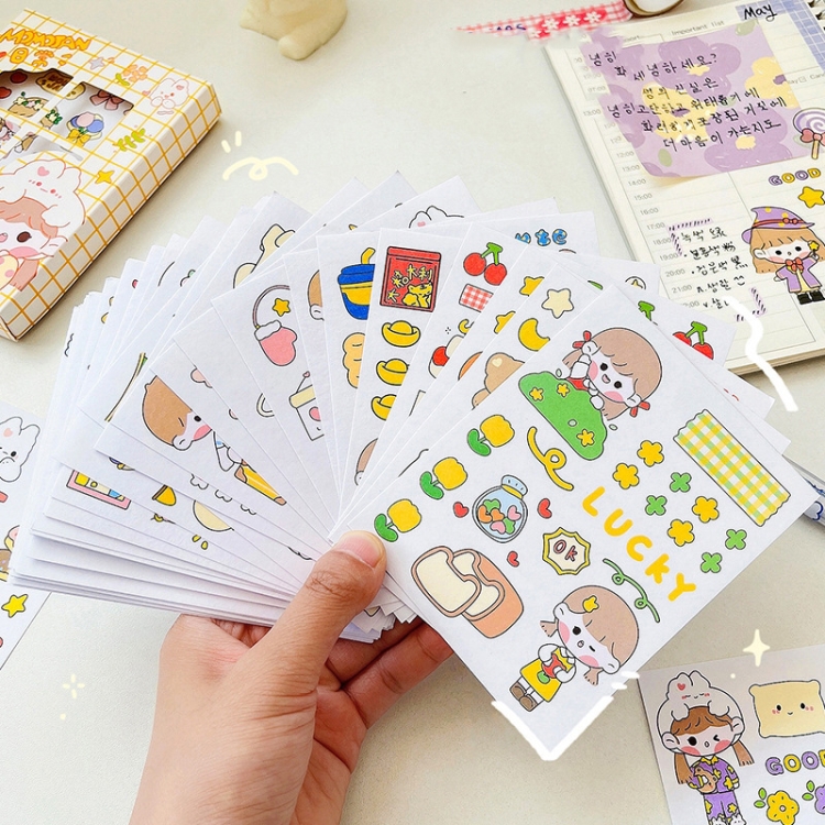 

2 Sets 50 Sheets Cartoon Girl Non-repeating DIY Hand Account Stickers Set With 1 Utility Knife