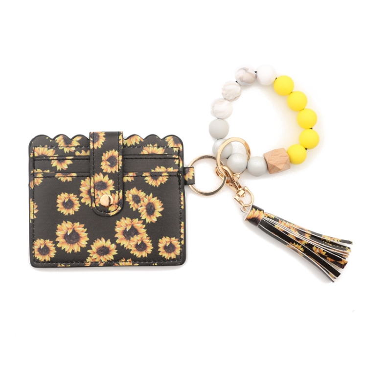 

PU Tassel Silicone Bead Bracelet Wallet With Keychain, Color: Sunflower