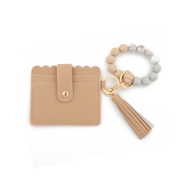 

PU Tassel Silicone Bead Bracelet Wallet With Keychain, Color: Khaki