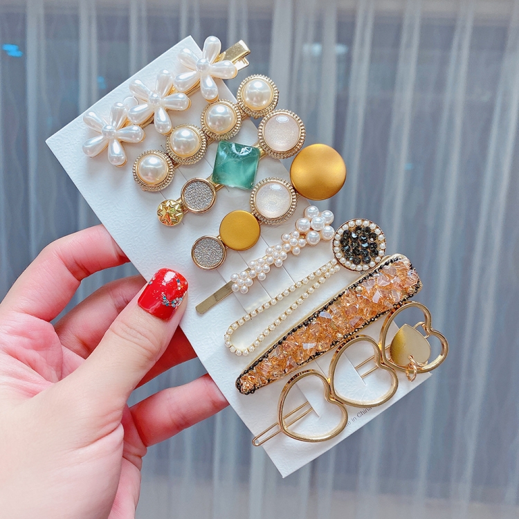 

8PCS/Set Heavy Work Alloy Colorful Hairpin Headgear Pearl Rhinestone Clip Set