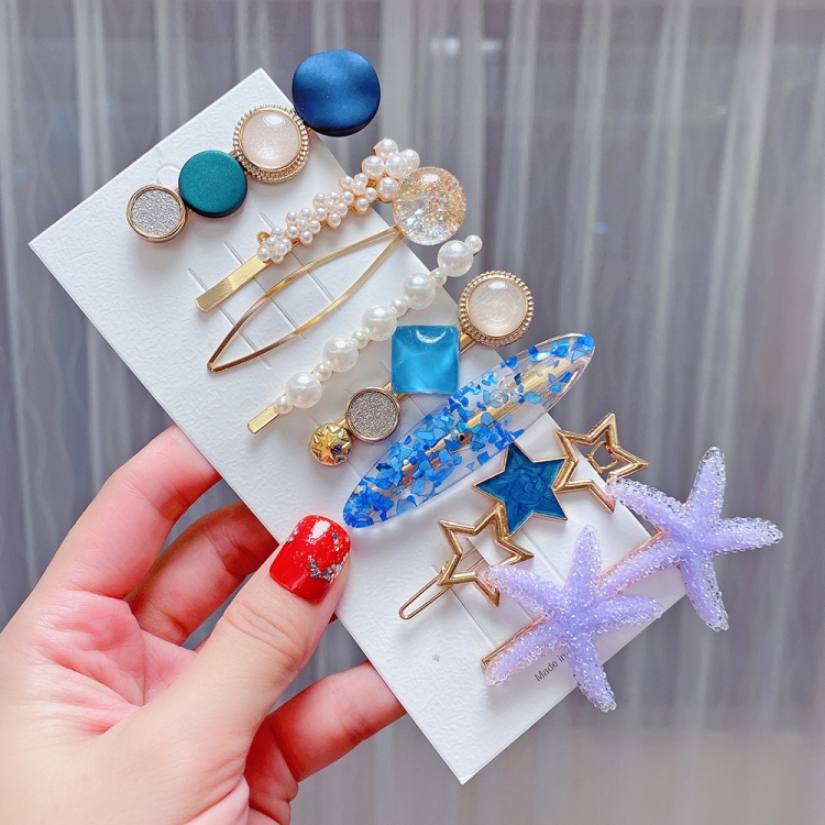 

8PCS/Set Starfish Alloy Colorful Hairpin Headgear Pearl Rhinestone Clip Set