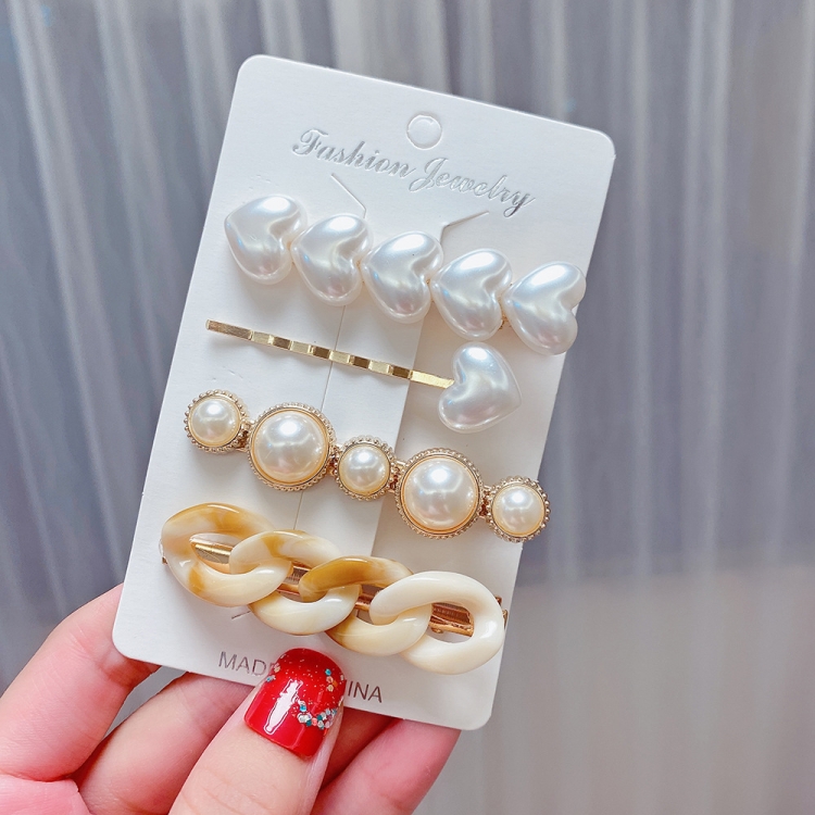 

4PCS/Set Heart Alloy Colorful Hairpin Headgear Pearl Rhinestone Clip Set