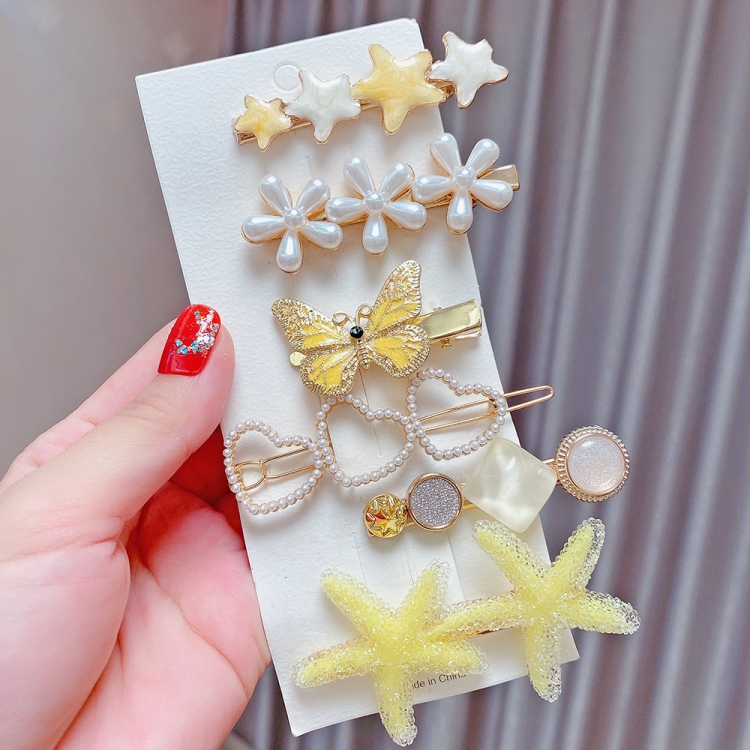 

6PCS/Set Yellow Alloy Colorful Hairpin Headgear Pearl Rhinestone Clip Set