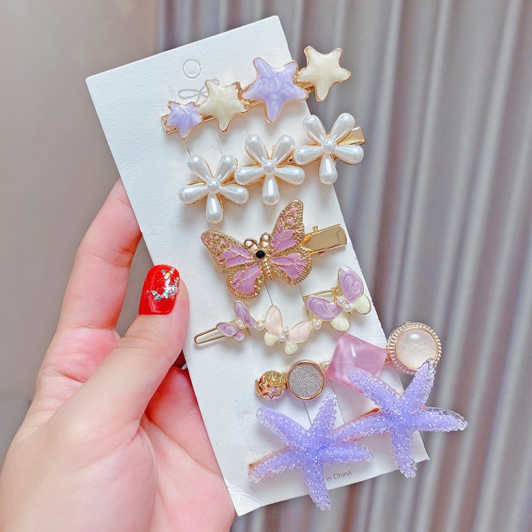 

6PCS/Set Purple Alloy Colorful Hairpin Headgear Pearl Rhinestone Clip Set