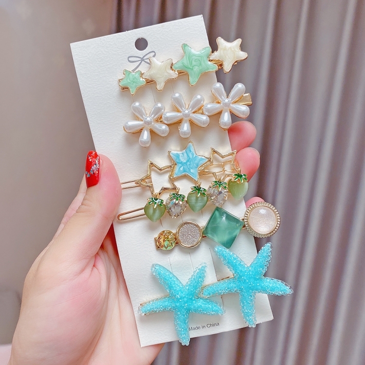 

6PCS/Set Fresh Green Alloy Colorful Hairpin Headgear Pearl Rhinestone Clip Set