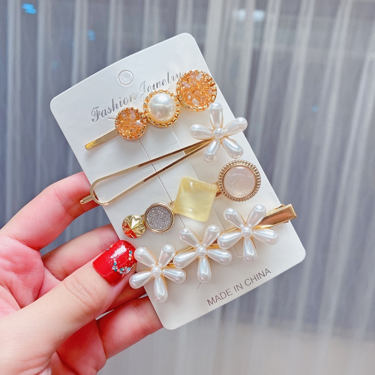 

4PCS/Set Champagne Alloy Colorful Hairpin Headgear Pearl Rhinestone Clip Set