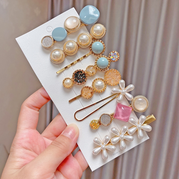 

8PCS/Set Blue Alloy Colorful Hairpin Headgear Pearl Rhinestone Clip Set