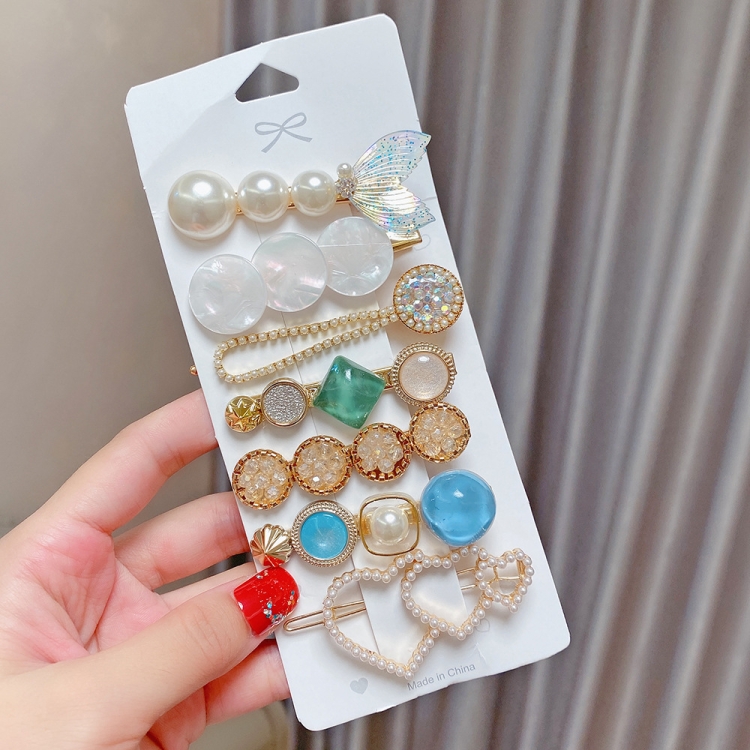 

7PCS/Set White Shell Alloy Colorful Hairpin Headgear Pearl Rhinestone Clip Set