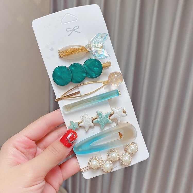 

7PCS/Set Gradient Green Alloy Colorful Hairpin Headgear Pearl Rhinestone Clip Set