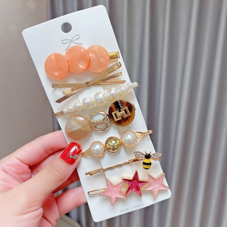 

7PCS/Set Orange Shell Alloy Colorful Hairpin Headgear Pearl Rhinestone Clip Set