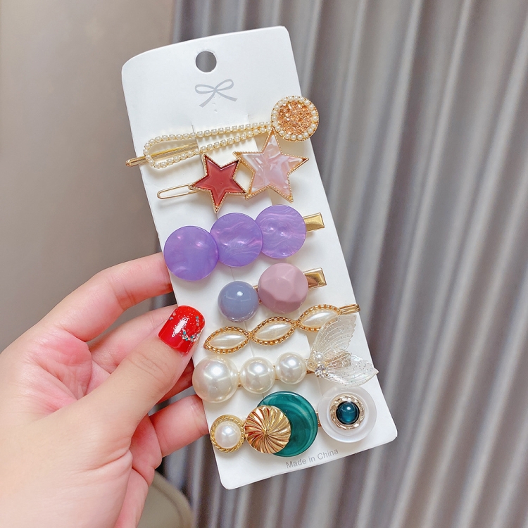 

7PCS/Set Purple Shell Alloy Colorful Hairpin Headgear Pearl Rhinestone Clip Set