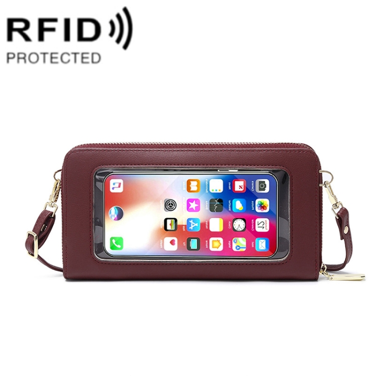 

1665 RFID Anti-magnetic Anti-theft Touch Screen Cross-Body Phone Bag Card Holder(Red Wine)
