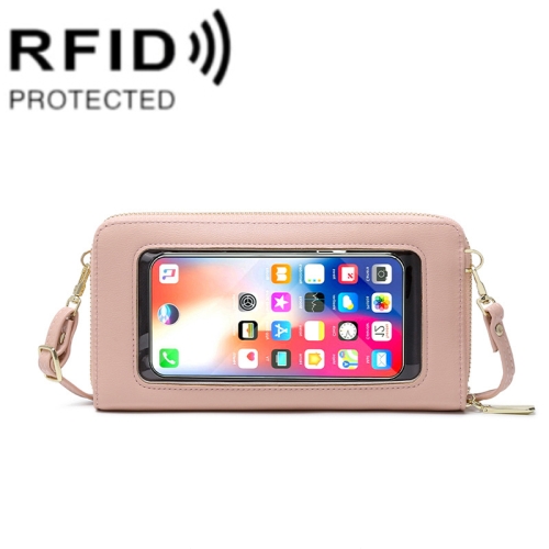 

1665 RFID Anti-magnetic Anti-theft Touch Screen Cross-Body Phone Bag Card Holder(Pink)