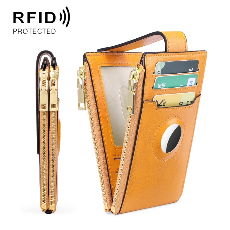 

Two Layer Oil Waxed Leather Zip RFID Coin Purse Tracker Card Holder For AirTag(Ancient Yellow)