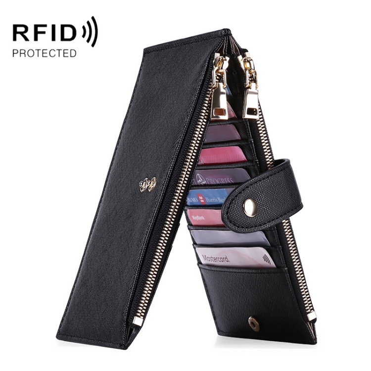 

GLQ167 RFID Two-way Folding PU Cross Pattern With Zipper Pocket Wallet(Black)