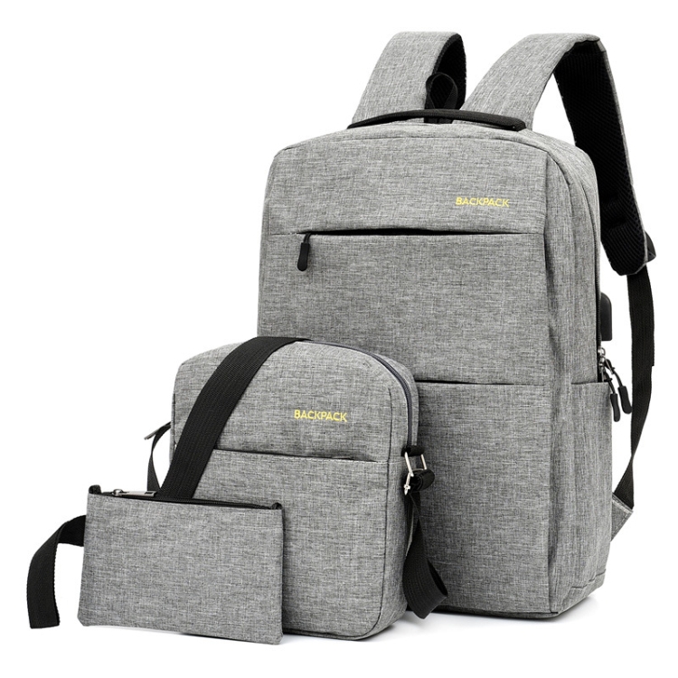 

Three PCS/Sets USB Charging Outdoor Travel Backpack Student School Bag(Gray)