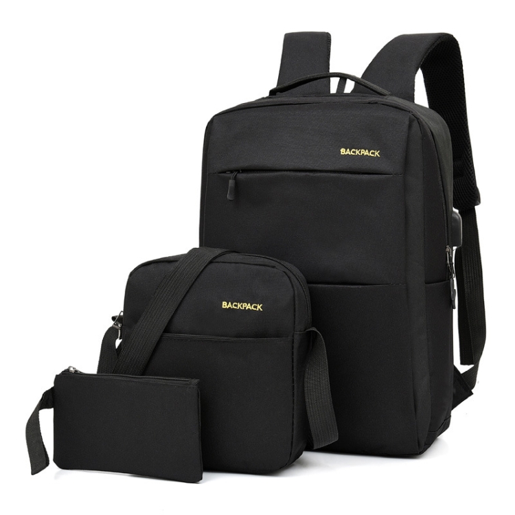 

Three PCS/Sets USB Charging Outdoor Travel Backpack Student School Bag(Black)