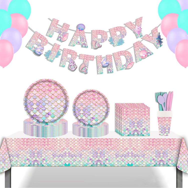 

9 In 1 Fish Scale Mermaid Birthday Party Supplies Tissue Paper Plate Cutlery Set(16 People Suit)