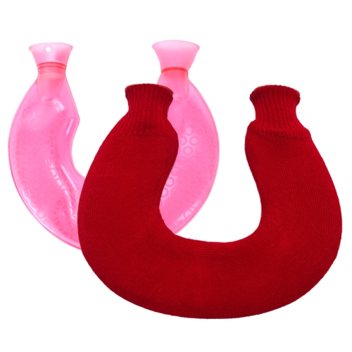 U型PVC热敷肩颈部防爆注水热水袋（玫红+圣诞红针织）
