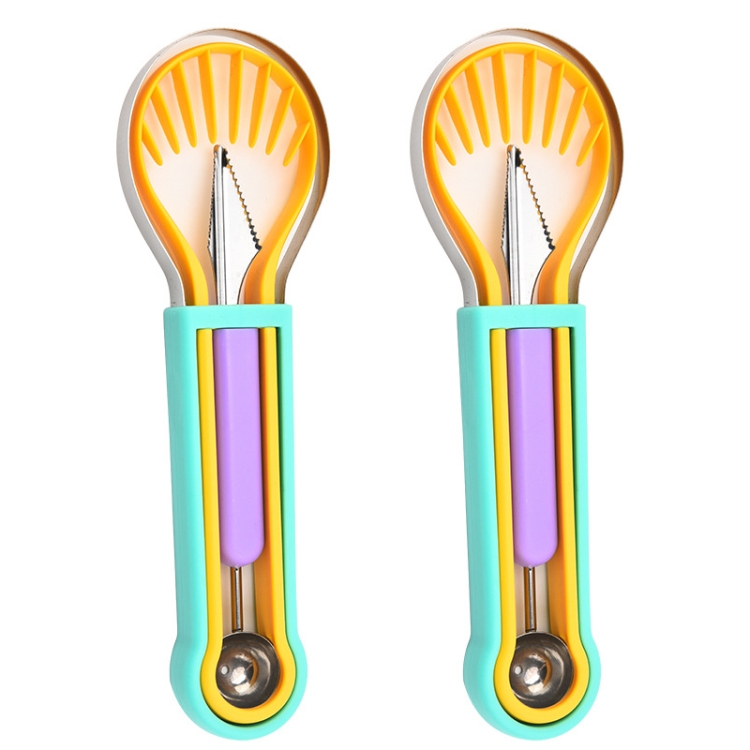 

2 PCS 3 In 1 Fruit Digger Fruit Platter Carving Knife(Blue Yellow Purple)
