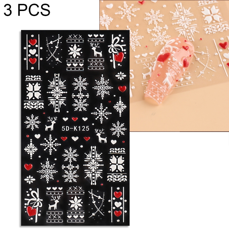 3 PCS 5D Embossed Nail Stickers Christmas Snowflake Elk Nail Stickers(5D- K125)