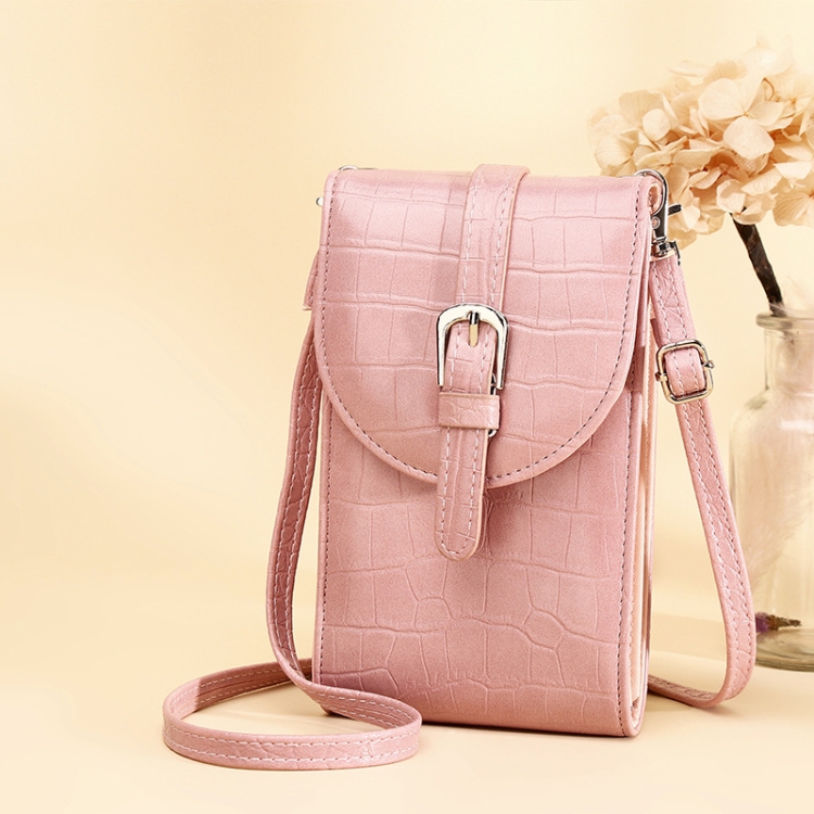 

Cross-slung Woman Bag Buckle Shoulder Bag Crocodile Print Phone Bag(Pink)
