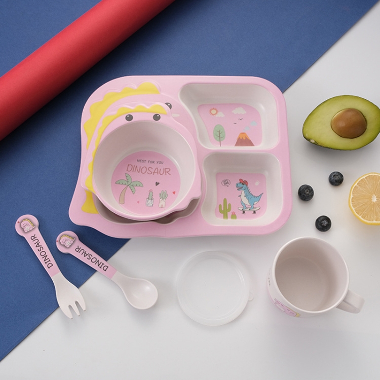 

5 PCS / Set HY-0001 Bamboo Fiber Children Cartoon Dinosaur Tableware(Pink)