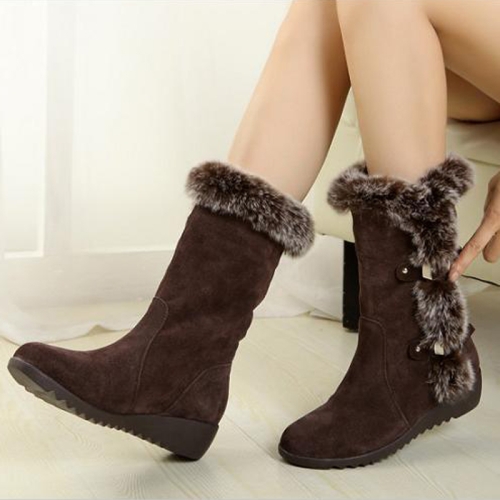 Women Mid-calf Snow Boots Thick-soled Faux Rabbit Fur Cotton Boots, Size:  42(Brown)
