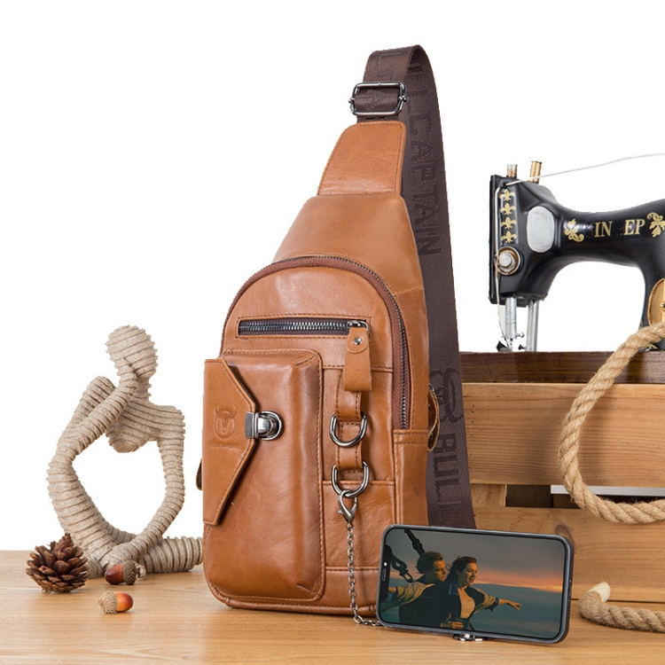 

BULL CAPTAIN 520 Large-capacity Cowhide Waterproof Chest Bag with Phone Holder(Yellow Brown)