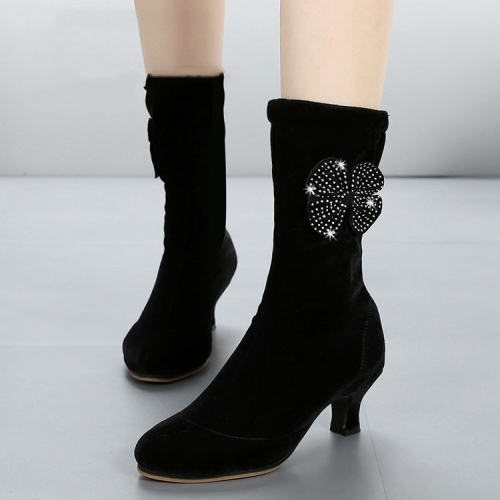Autumn/Winter Latin Dance Shoes With Soft Velvet-Soled Mid-Heel Ankle Boots, Size: 36(Black Velvet)