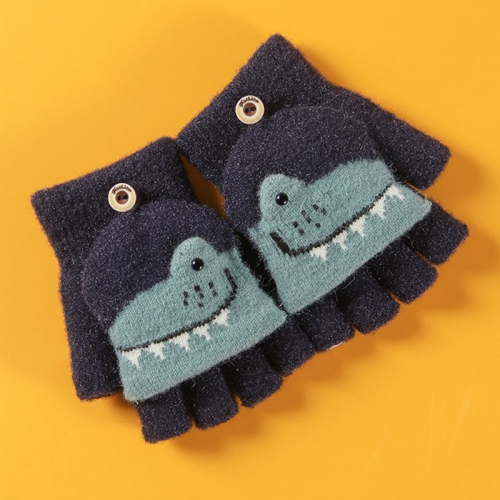 

1 Pair Warm Half Fingers Plus Velvet Cute Cartoon Knitted Wool Outdoor Riding Gloves(Navy)