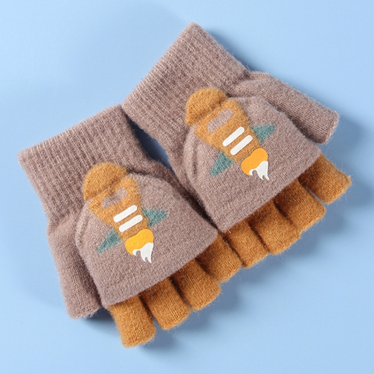 

1 Pair Warm Lovely Flip Semi -Finger Plush Knitting Wool Student Gloves(Light brown)