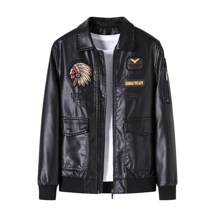 

Men Suit Collar Washed PU Leather Jacket Flight Suit, Size: M(Black Velvet)