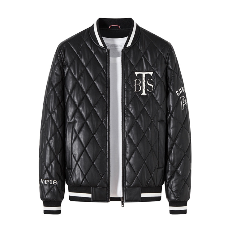 

Slim V-Neck Pinch Cotton Baseball Jacket Warm PU Leather Jacket, Size: M(Black)