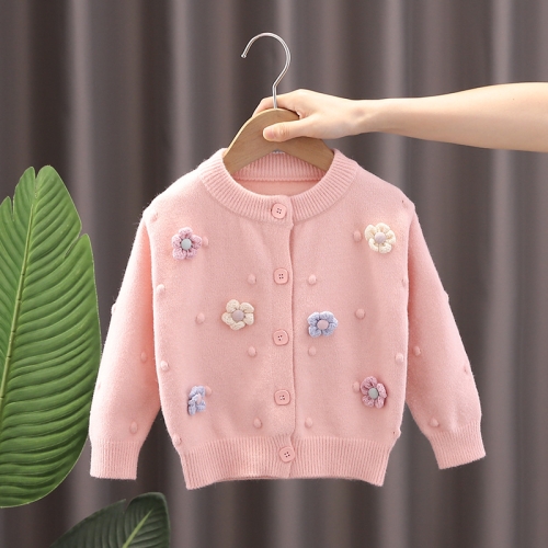 

Baby Girls Flower Sweater Cardigan Winter Solid Color Knitted Sweater, Size: 80cm(Pink)