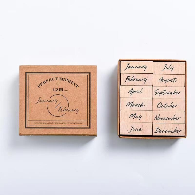 

Week Month Wood Stamps Set Word Log Rubber Handbook DIY Material, Color: Month Full Spelling