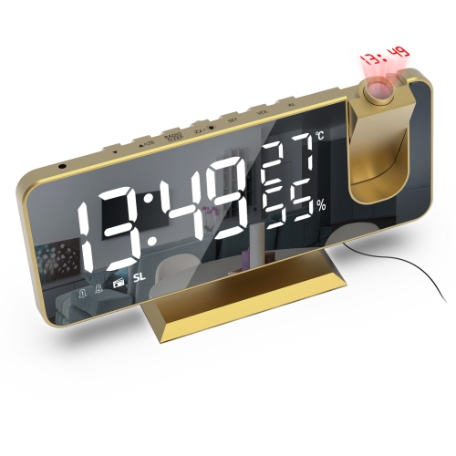 

Mirror Surface LED Radio Projection Alarm Clock with Temperature & Humidity Display(Gold+White Characters)