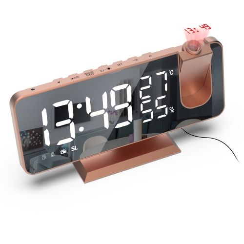 

Mirror Surface LED Radio Projection Alarm Clock with Temperature & Humidity Display(Rose Gold+White Characters)