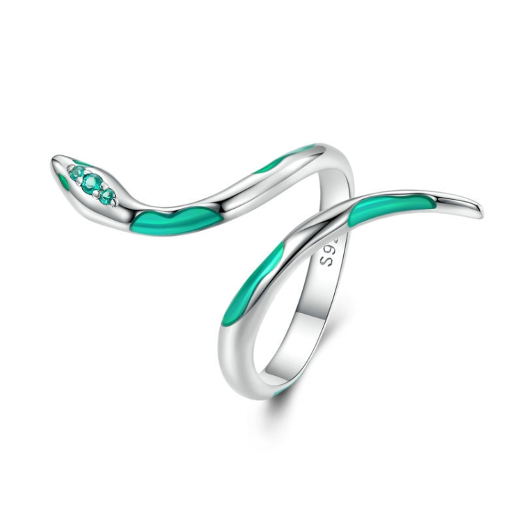 

BSR328 Sterling Silver S925 White Gold Plated Oil Drop Zirconia Green Snake Ring(Open Adjustable)