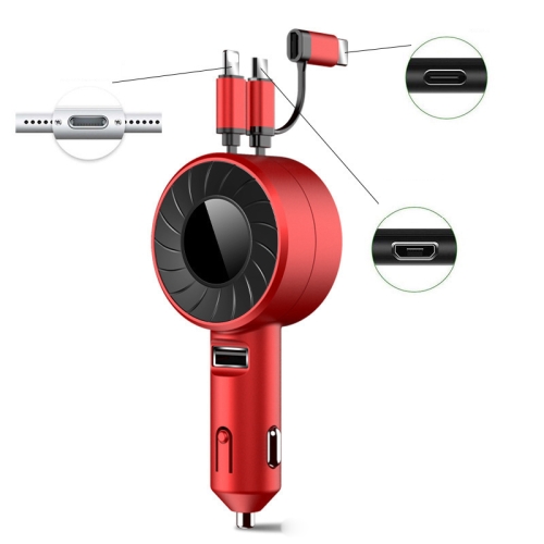 

3 In 1 USB Dual Cable Single Pull Retractable Car Charger(Red)
