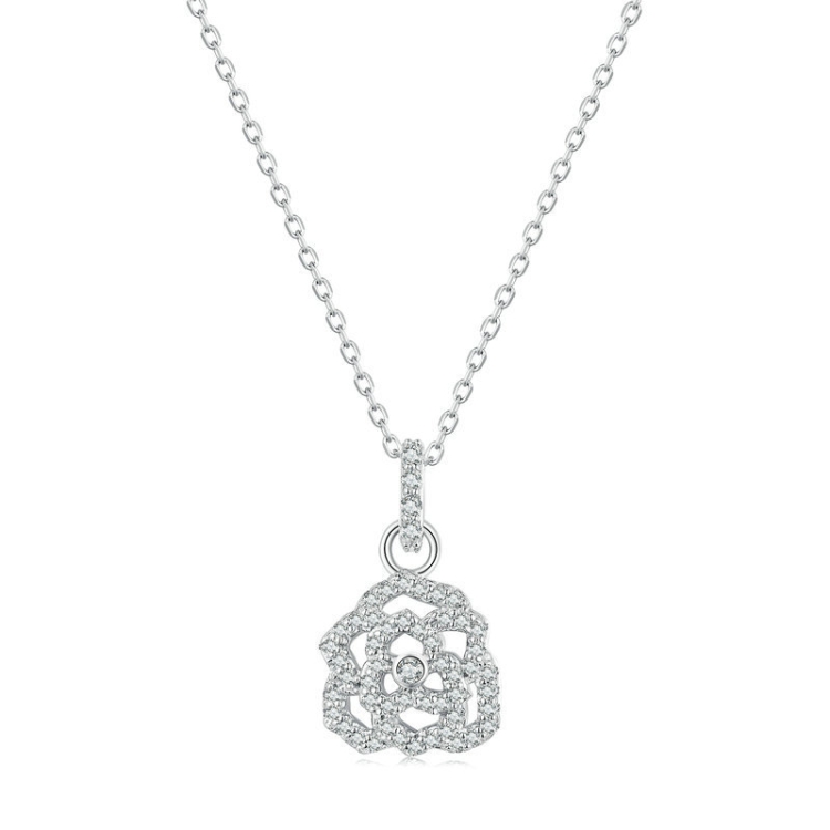 

BSN280 Sterling Silver S925 Rose Pendant White Gold Plated Zirconia Necklace