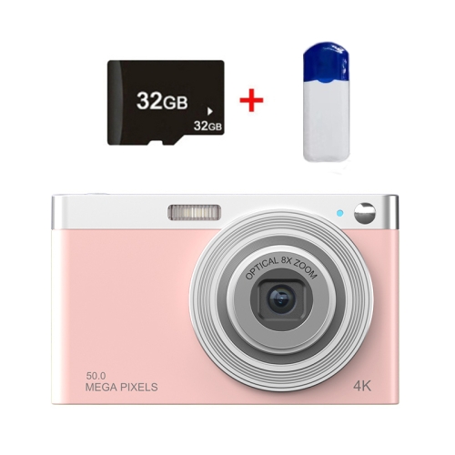 

C13 2.88 inch 4K 8X Optical Zoom Telescopic Lens HD Digital Camera, Spec: Pink+Card Reader+32G