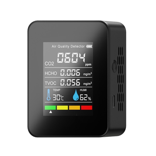 

5 In 1 Temperature Humidity TVOC HCHO CO2 Large Screen Display Power Digital Air Quality Monitor(Black)