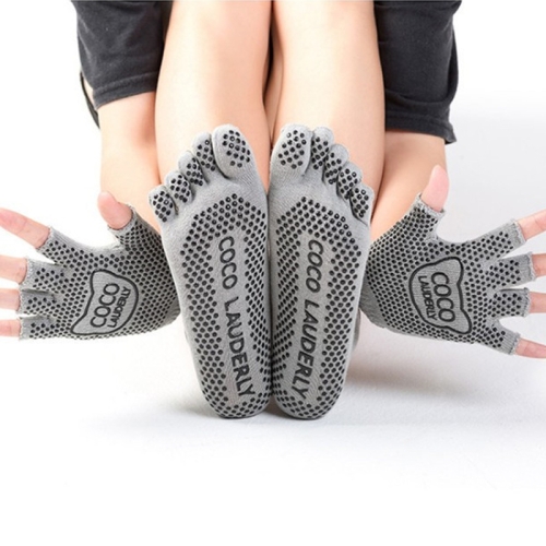 Guantes deportivos de yoga antideslizantes con dedos abiertos + Juego de  calcetines de yoga con cinco dedos, tamaño: talla única (gris)
