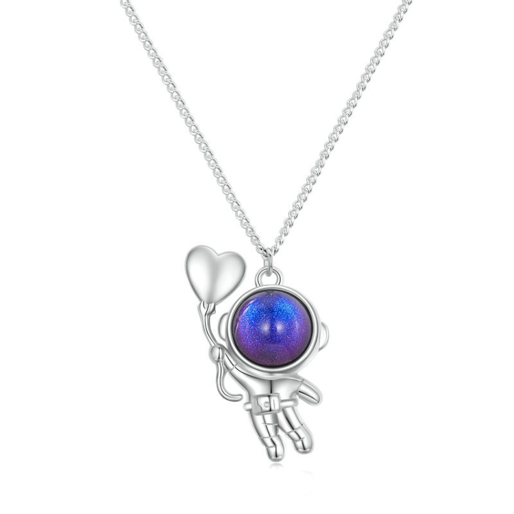 

BSN283 S925 Sterling Silver Glass Heart Reaching Star Astronaut Platinum Plated Necklace