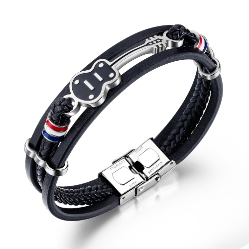 

OPK 1354 Titanium Steel Men Leather Hand Ring Personal Multi-Layered Woven Bracelet