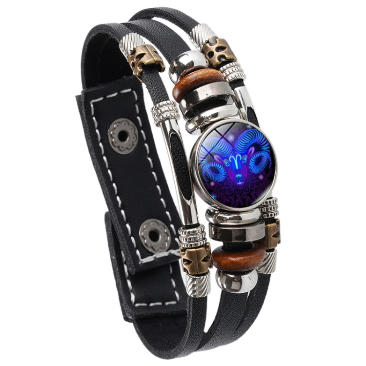 

Twelve Constellations Night Light Leather Rope Bracelet Woven Beads Bracelet, Style: Aries