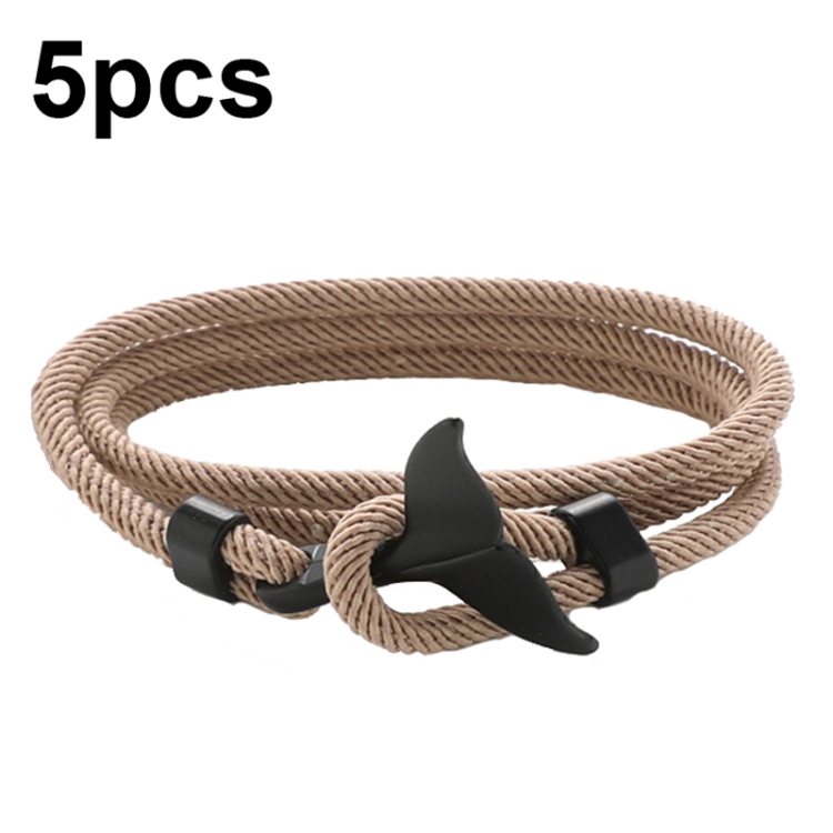 

5pcs Whale Tail Braided Hand Rope Double Live Buckle Adjustable Bracelet(Khaki)